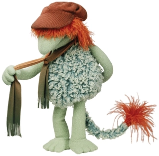 Boober Fraggle character - blue-green Fraggle with red hat pulled over eyes